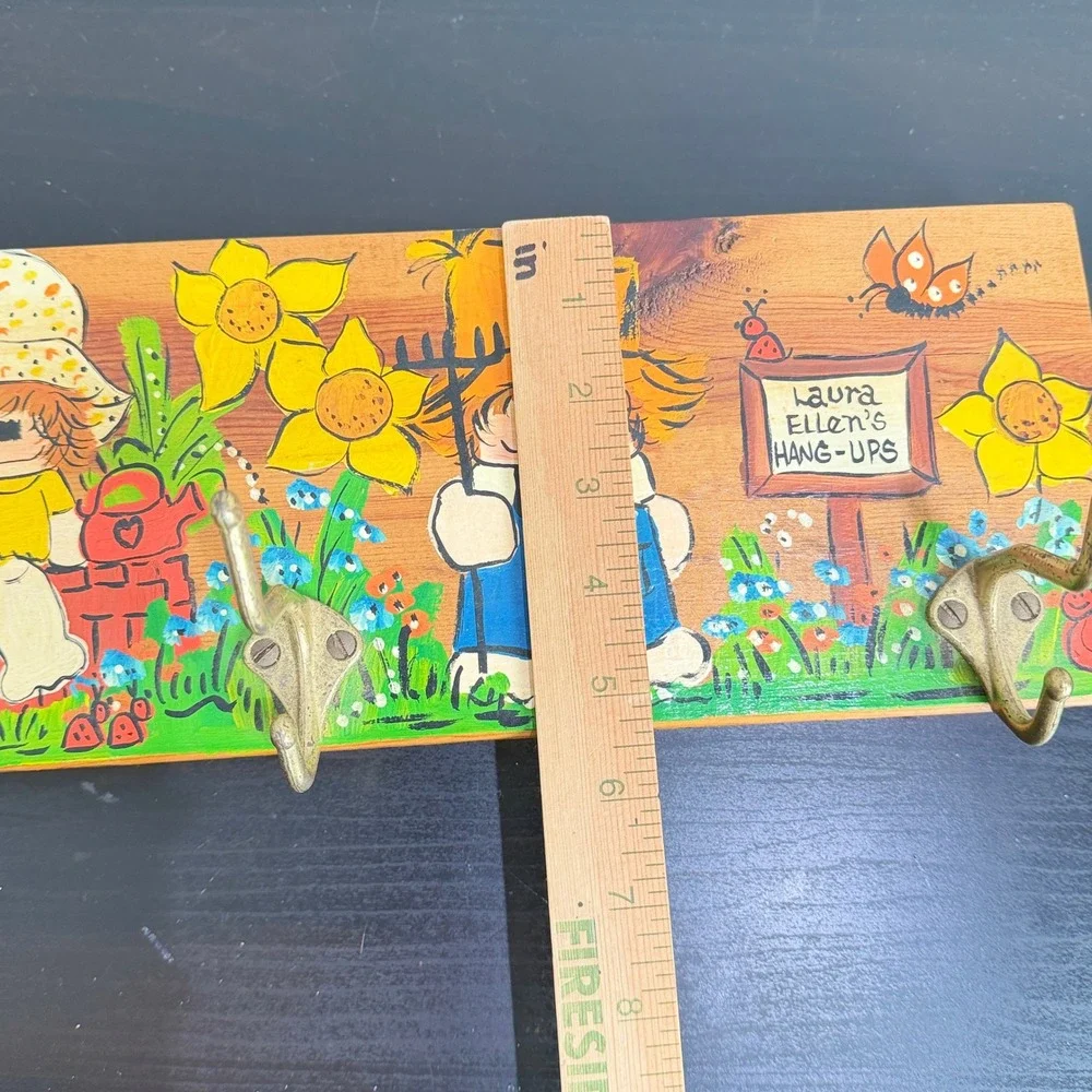 Vintage 1975 Hand Painted Wood Wall Hook Coat Rack Folk Art Cottagecore Retro